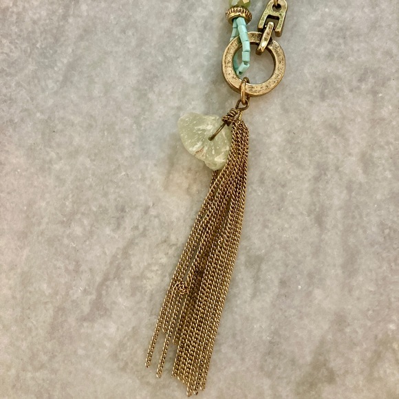 Beaded Green Stone Tassel Antique Gold Necklace - Picture 7 of 8